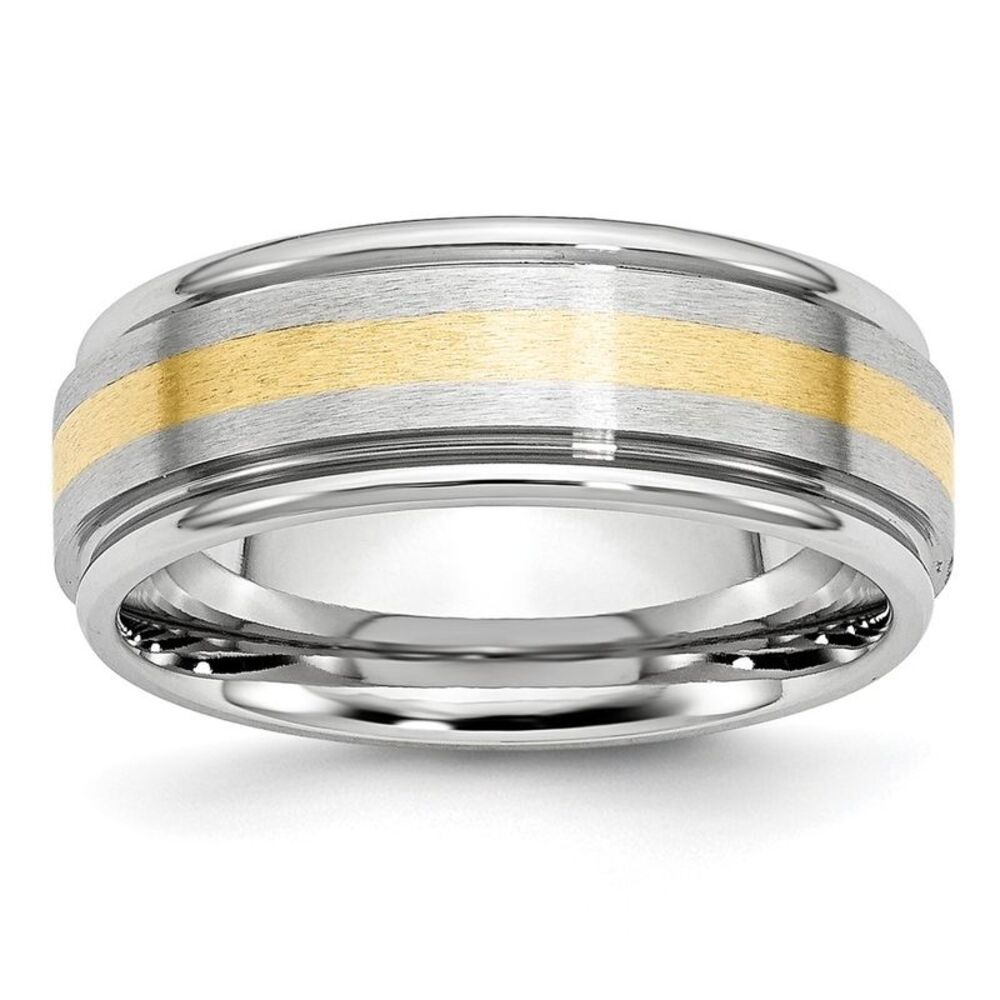 8mm Cobalt & 14K Gold Inlay Satin/Polished Grooved Ridged Band Sz 10